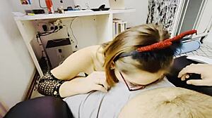 porn teacher gives sloppy blowjob and rough fuck for cum