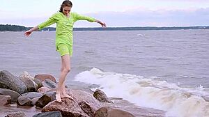 beautiful ballerina in tights gets naked on couch