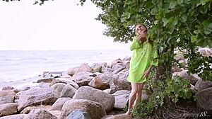 beautiful ballerina in tights gets naked on couch