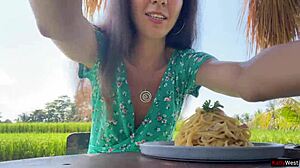 Public Cumwalk In Cafe Eating Pasta Carbonara With Sperm On Face