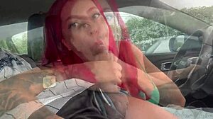 Redhead hotwife swallows cum from cock in traffic, no drop wasted