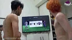 Straight amateurs playing fifa fc with brazilian neighbors