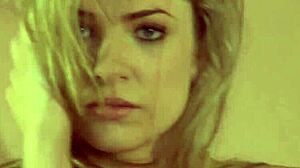 The hot blonde teen whore masturbates on the table top