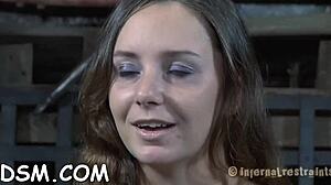 restrained hotty suffers under hard toy