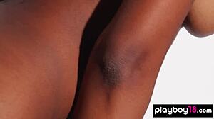 In her daily workout, skinny Ebony ballerina Jahla Pope strips down slowly, revealing her toned body