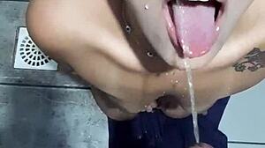 Slut takes cum and piss in her mouth! Can't believe how much she loves it.