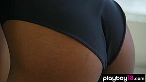 In her daily workout, skinny Ebony ballerina Jahla Pope strips down slowly, revealing her toned body