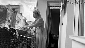 Naked chubby woman hangs out laundry on the balcony for neighbors can watch 😏