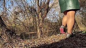 mother-in-law's pantyhose, panties, and leather skirt lead to pissing pussy 😏