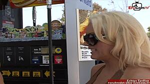 pick up a busty blonde slut with a tattoo for a fuck and a facial