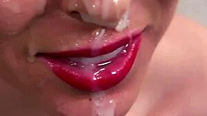 slutty peach gets sperm load on her face eating all the cream