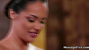 The masseuses' oily big tits bounce wildly on the hard cock