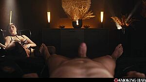 Hot brunette in red lipstick lingerie touches herself while smoking