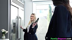 familyorgasm - school sisters play with big cucumber in kitchen to orgasm