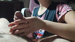 Korean woman massages cock with hands and lips! Cum in mouth!