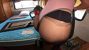 curvy milf spreads huge ass in thong leotard and pantyhose at rv camping