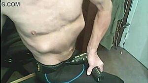 stretching with massage gun in compression tights and brace bound