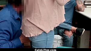 The shoplifter with braces is fucked in front of her boyfriend.