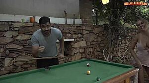 Hot busty blonde fucked at the pool table