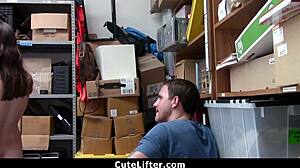 The shoplifter with braces is fucked in front of her boyfriend.