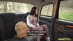 Stunning brunette says I'll fuck for a discount in this fake taxi