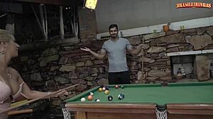 Hot busty blonde fucked at the pool table