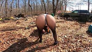 curvy milf spreads huge ass in thong leotard and pantyhose at rv camping