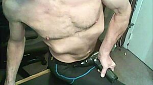 stretching with massage gun in compression tights and brace bound