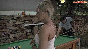 Hot busty blonde fucked at the pool table