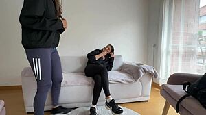 She paid her roommate the rent with some hot lesbian sex in the gym, including fingering and scissoring