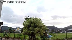 Two beauties cycle without panties in rain