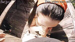 Risky outdoor facefuck and cum in throat at hunting tower with brunette deepthroat