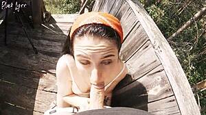 Risky outdoor facefuck and cum in throat at hunting tower with brunette deepthroat