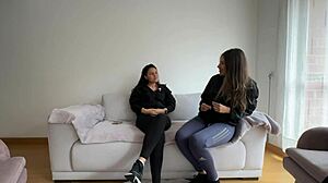 She paid her roommate the rent with some hot lesbian sex in the gym, including fingering and scissoring