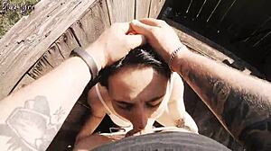 Risky outdoor facefuck and cum in throat at hunting tower with brunette deepthroat