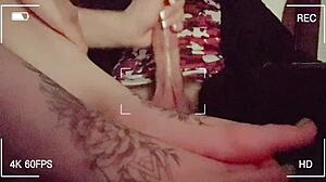 Stroking hubby's friend's big cock with my little feet