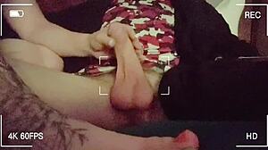 Stroking hubby's friend's big cock with my little feet