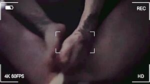 Stroking hubby's friend's big cock with my little feet