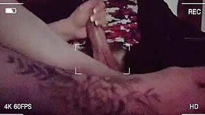 Stroking hubby's friend's big cock with my little feet