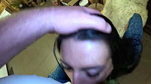 She performs deep blow-job and cum play on shiny cameltoe.