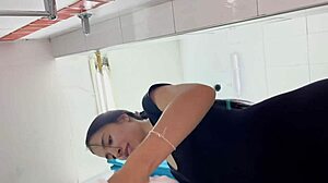 sexy chica squirts intensely in the gym bathroom, almost caught