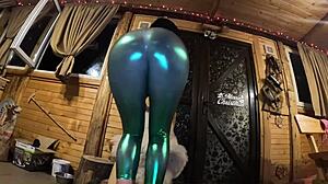 She performs deep blow-job and cum play on shiny cameltoe.