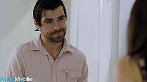 curvy brunette enjoys nipples licked and trimmed pussy pounded in missionary position.