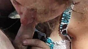 Outdoor blowjob in public voyeur setting.