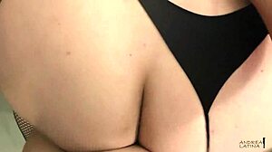 He pulls her thong aside and cums on her big ass