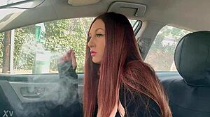 Italian long hair hot milf artemisia love has a solo smoking fetish session in the car