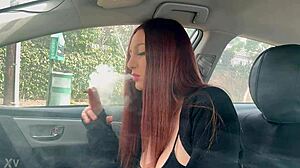 Italian long hair hot milf artemisia love has a solo smoking fetish session in the car