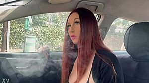 Italian long hair hot milf artemisia love has a solo smoking fetish session in the car