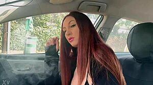 Italian long hair hot milf artemisia love has a solo smoking fetish session in the car