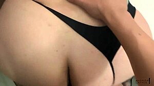 He pulls her thong aside and cums on her big ass